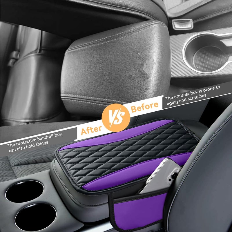Tioollev Patchwork Leather Car Center Console Cover,Microfiber Leather Vehicle Armrest Protector Cushion with 2 Storage Bags,Universal Cars Armrest Cushion for SUV, Sedan, Truck (Purple) - Image 3